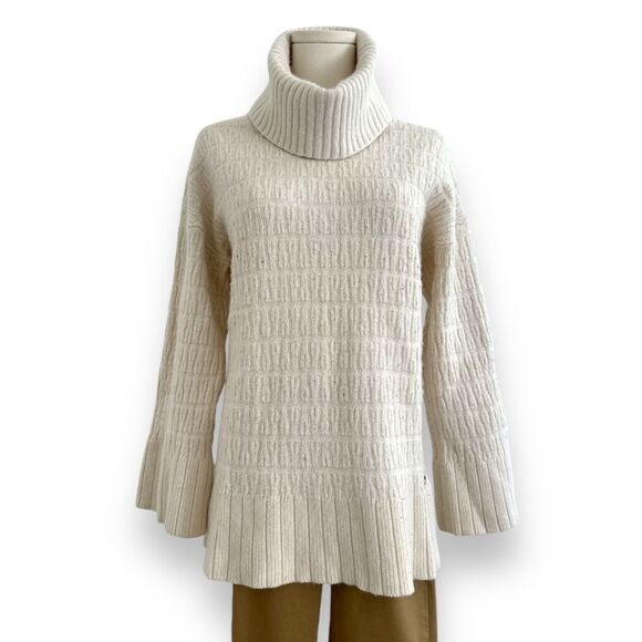 LACOSTE Cable Knit Cowl Neck Cream Sweater Back Buttons‎ Wm Sz 6 Med Bell… - Picture 1 of 11